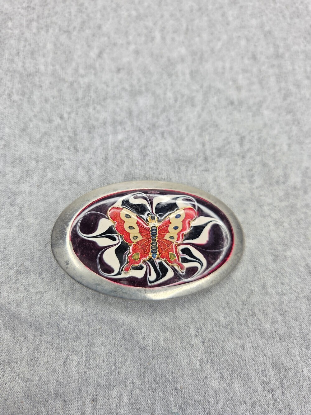 Vintage Cloisonne Butterfly Belt Buckle Red Gold Enamel Marbled Black
